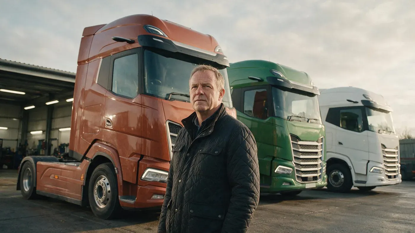 Middle-aged haulage owner standing in his yard in front of three lorries