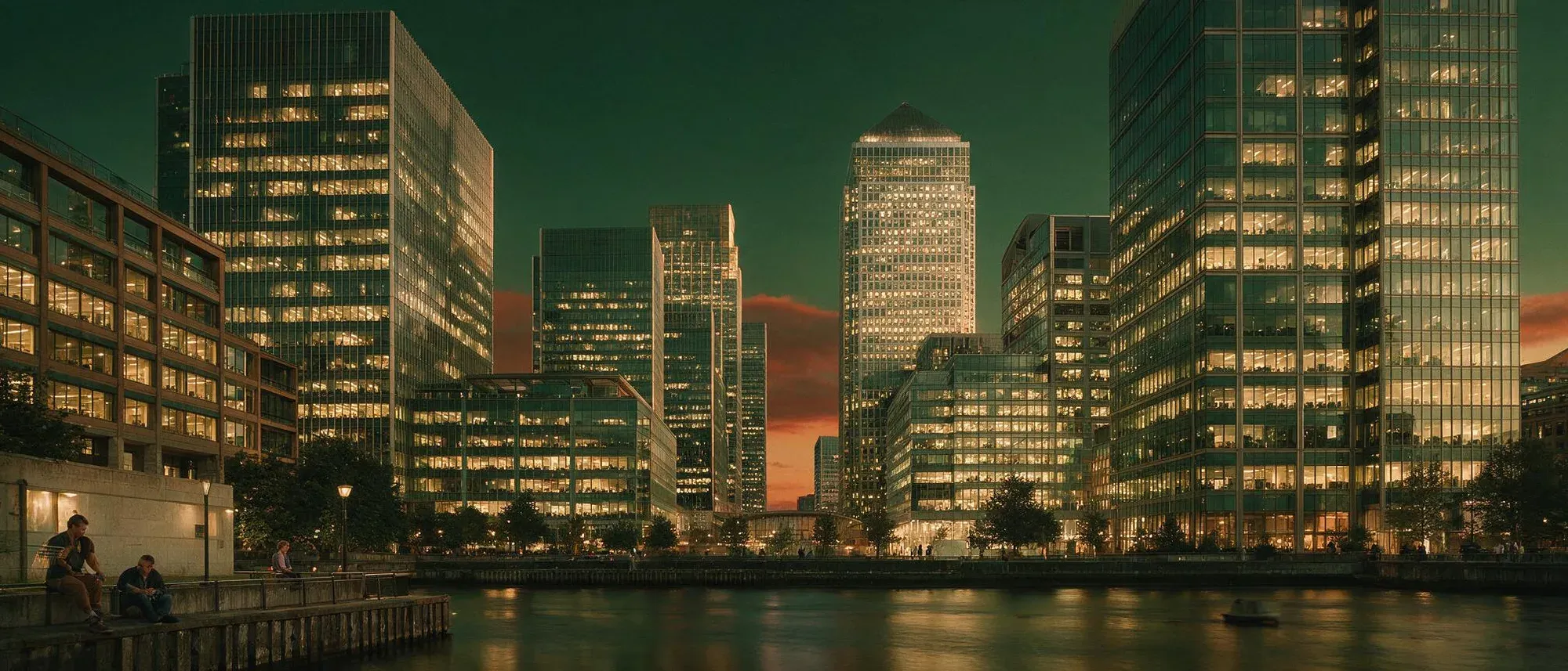 Skyline eines Finanzviertels zur blauen Stunde — Symbolfoto
